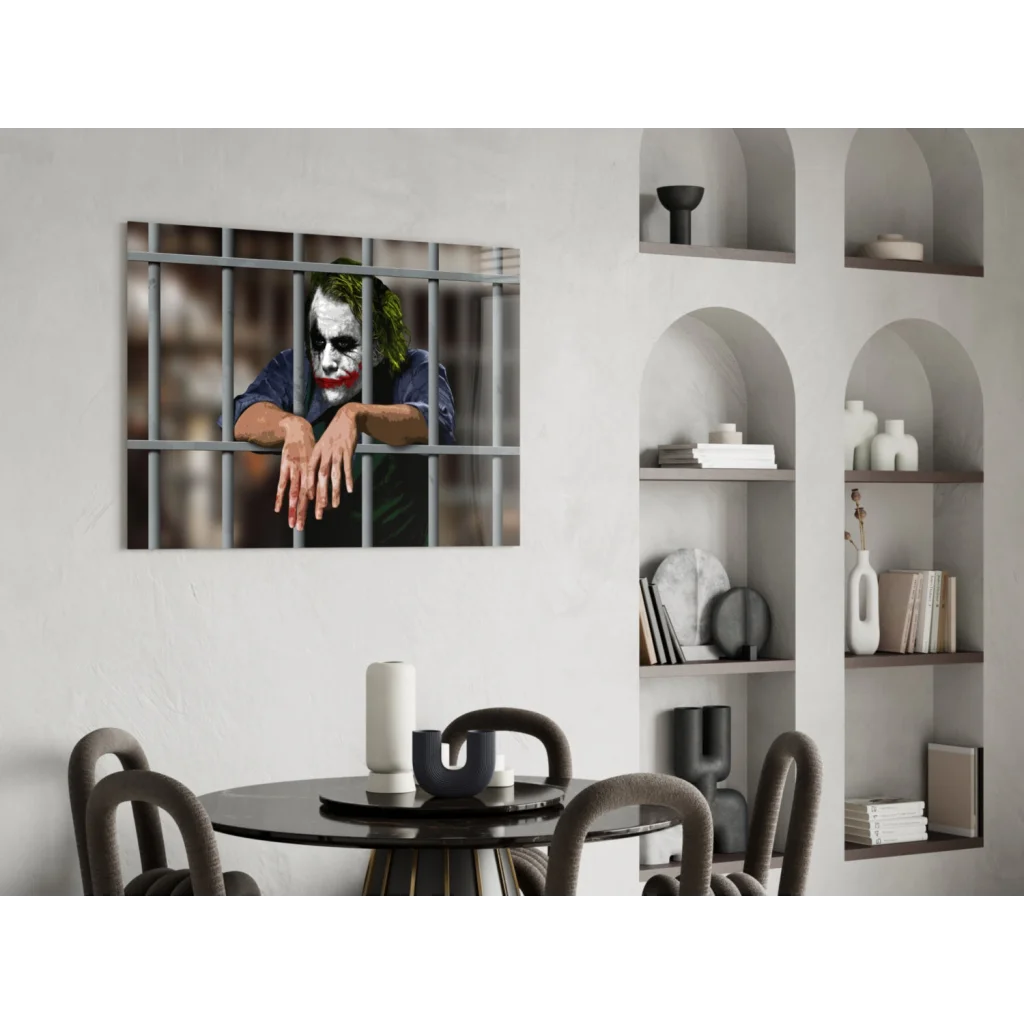 Joker behind bars canvas wall art print with iconic grin