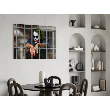 Joker behind bars canvas wall art print with iconic grin