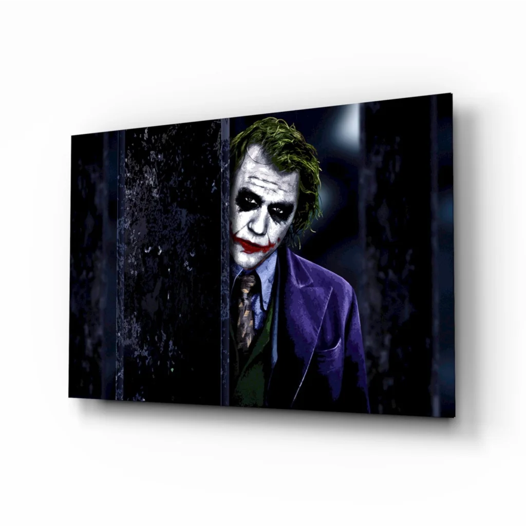 Joker canvas wall art in purple suit and green hair with dramatic lighting