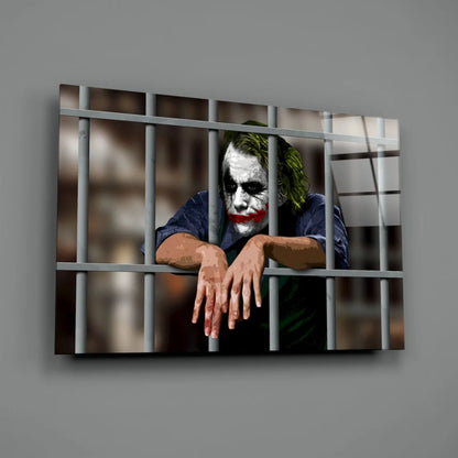 Joker behind bars canvas wall art print with white paint and red lips
