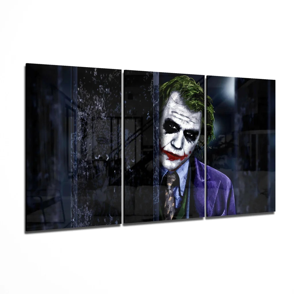 Joker glass wall art three panel canvas print with green hair and purple suit
