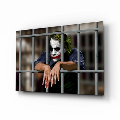 Joker behind bars canvas wall art print with green hair and smile