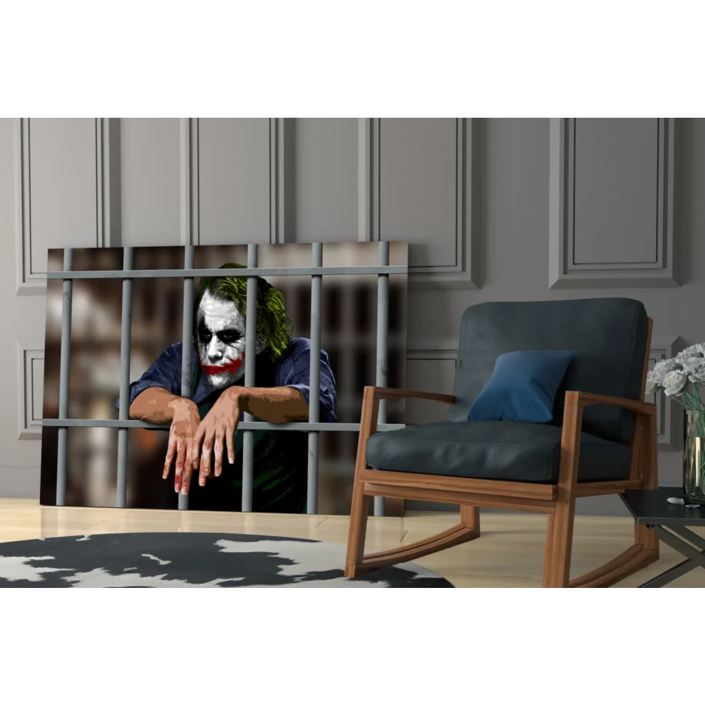 Joker behind bars canvas wall art print with green hair and red lips