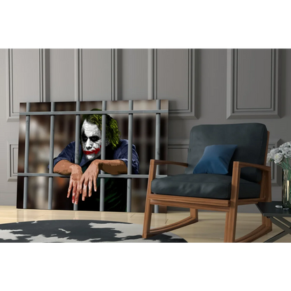 Joker behind bars canvas wall art print with green hair and red lips