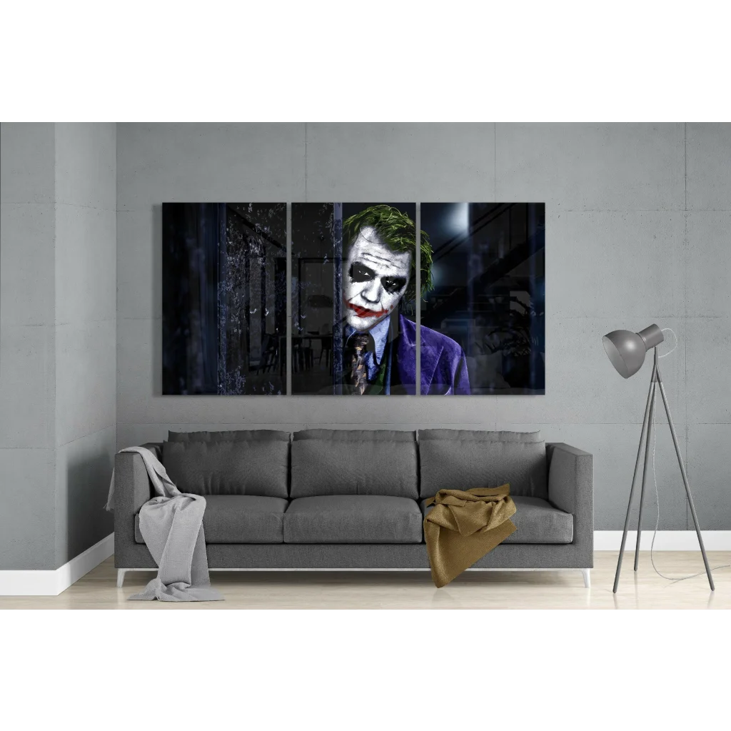 Joker glass wall art: three-panel canvas print with green hair and purple suit