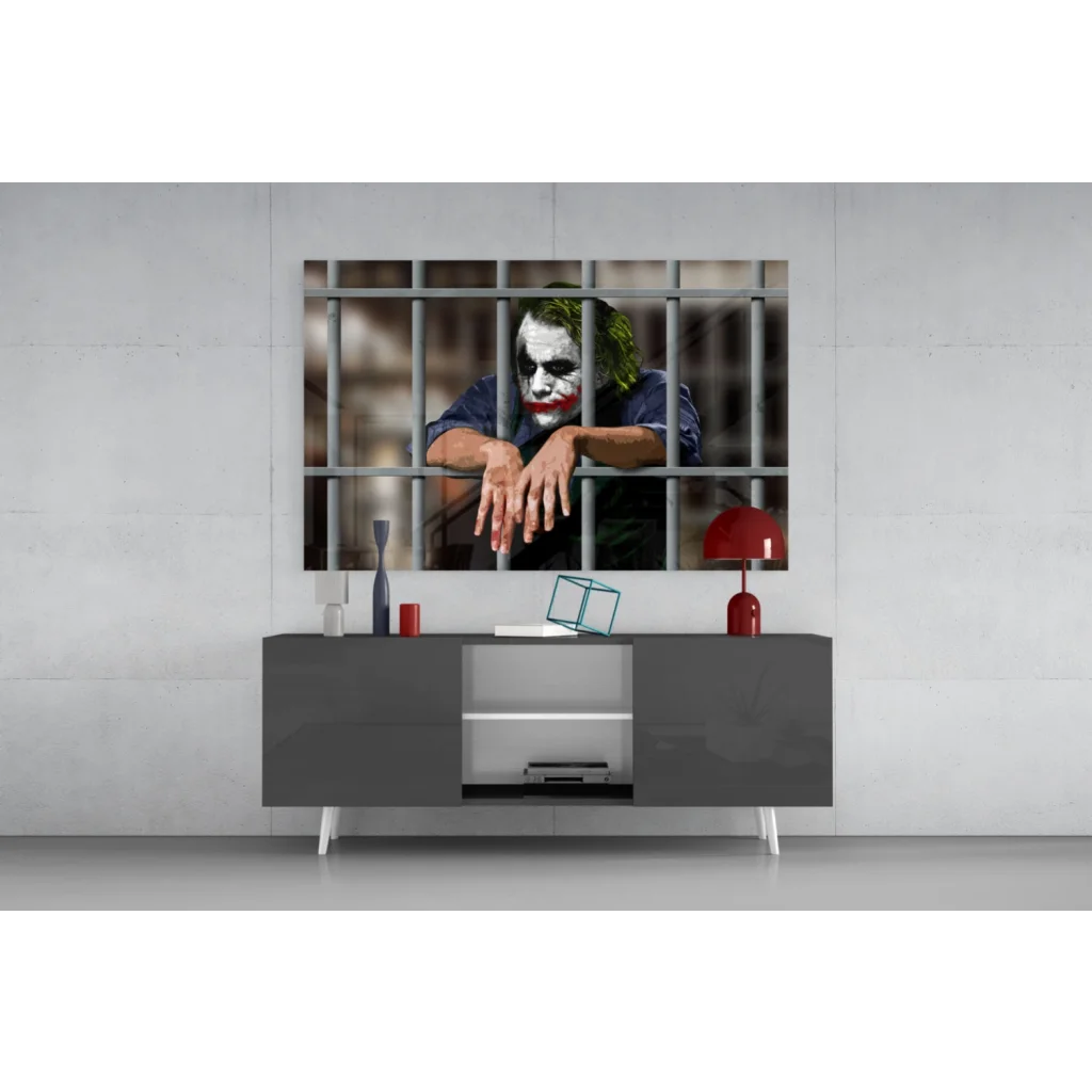 Joker behind bars canvas wall art print with green hair and red lips