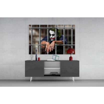 Joker behind bars canvas wall art print with green hair and red lips
