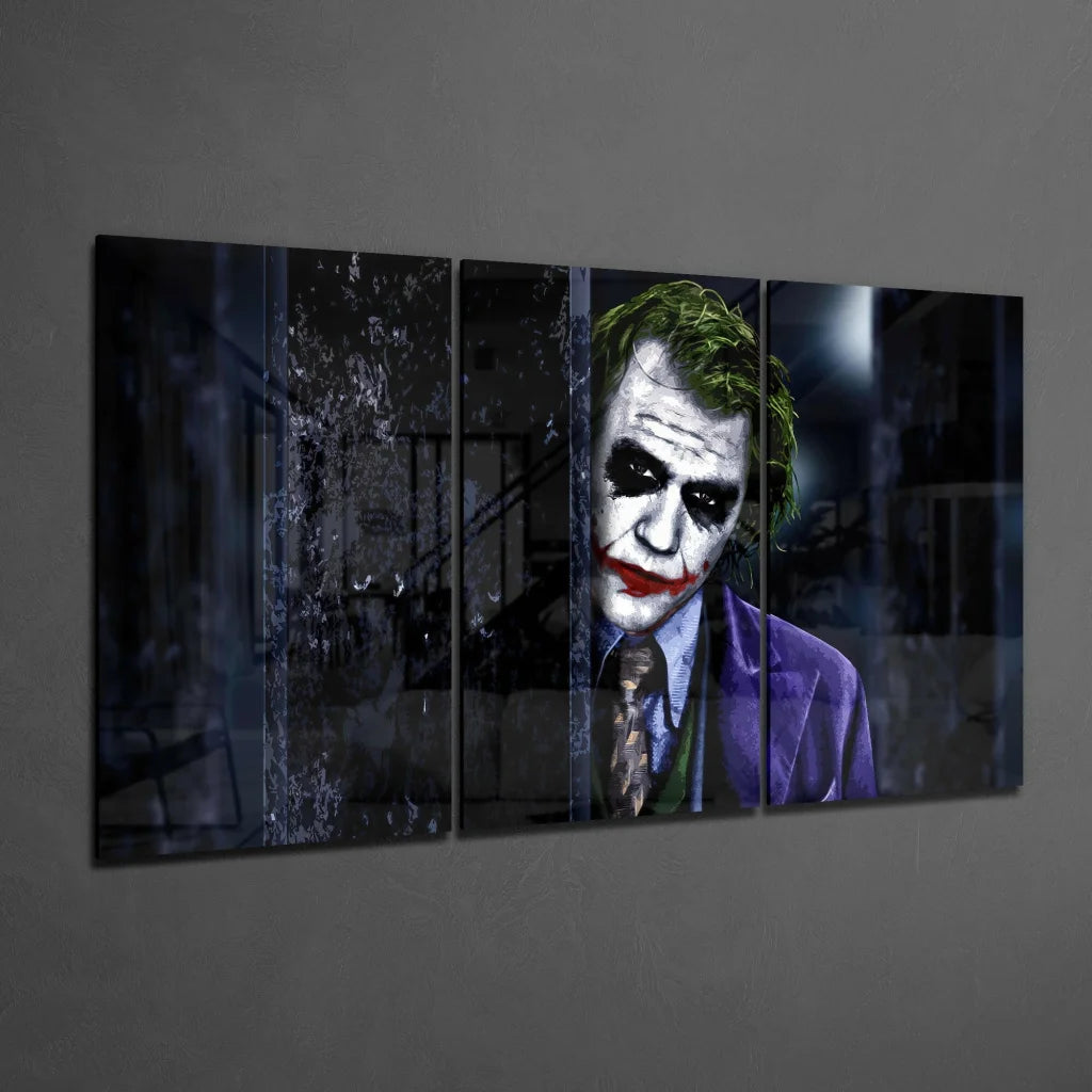 Purple jacketed Joker portrait on Joker Glass Wall Art three-panel canvas print