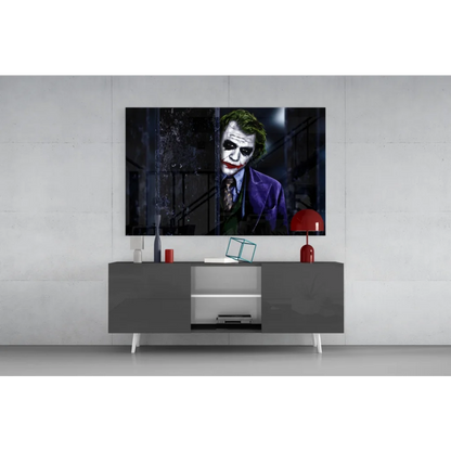 Joker glass wall art with green hair and red smile portrait