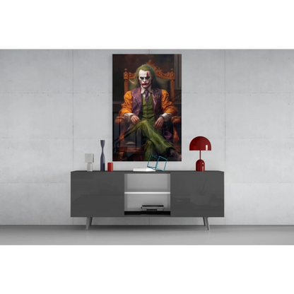 Vibrant Joker glass wall art canvas in orange suit on gray table