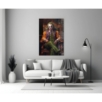 Vibrant Joker glass wall art canvas print in regal purple orange suit