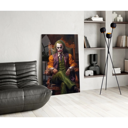 Vibrant Joker oil portrait in purple orange suit on glass wall art