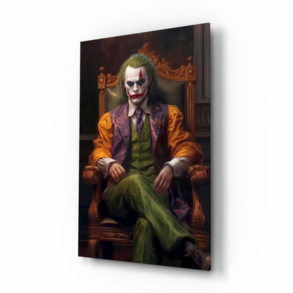 Framed Joker glass wall art canvas print in regal purple orange suit