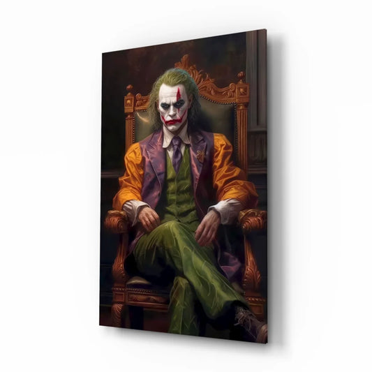 Framed Joker glass wall art canvas print in regal purple orange suit