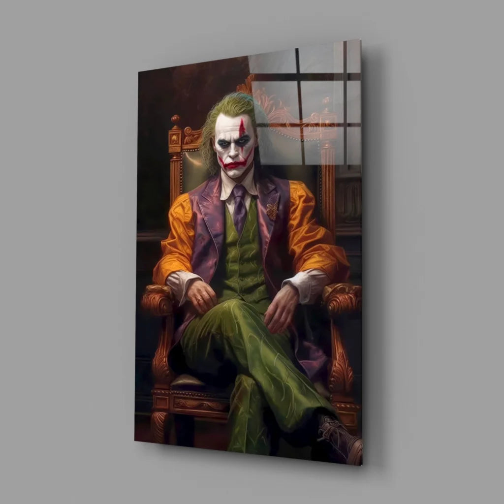 Vibrant Joker glass wall art portrait in orange purple suit on acrylic canvas