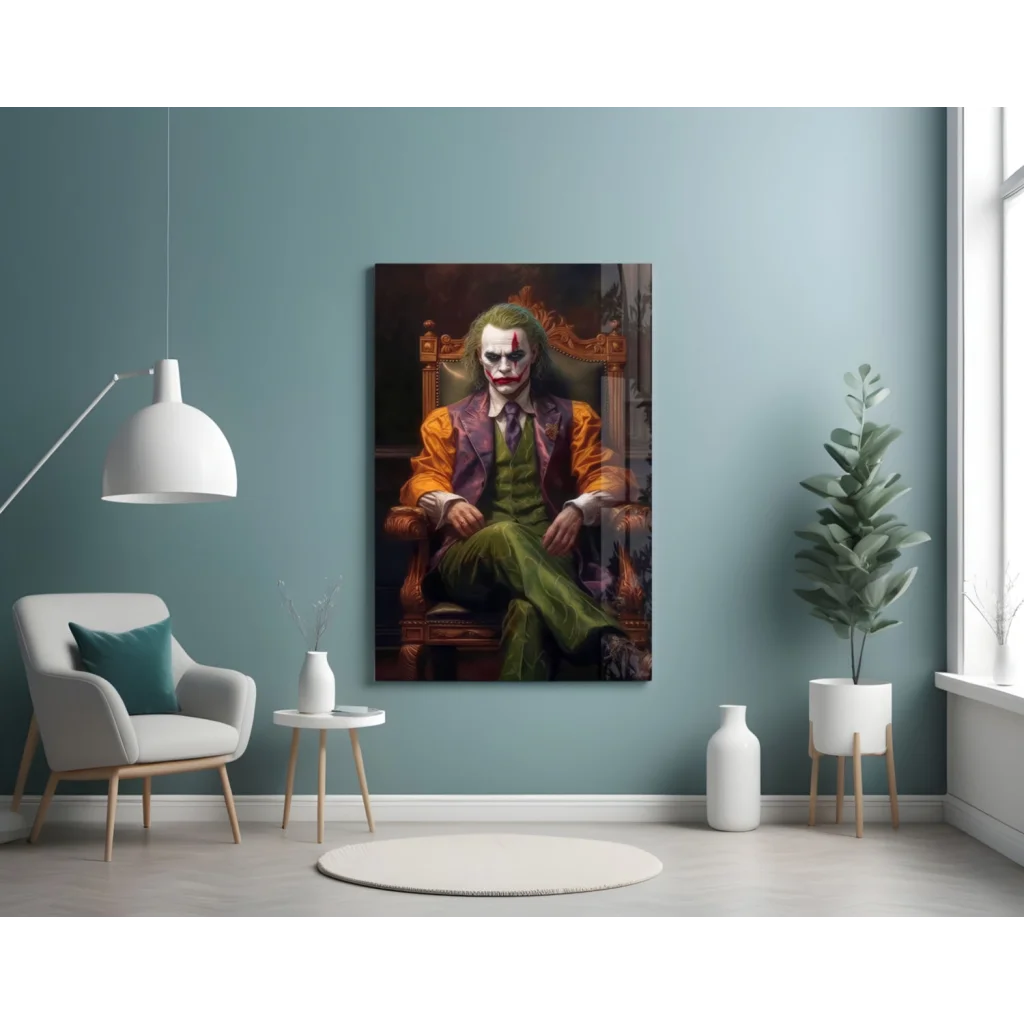 Vibrant Joker oil portrait in regal orange green suit on glass wall art