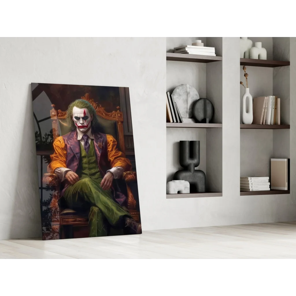 Vibrant Joker glass wall art canvas print in regal purple orange suit