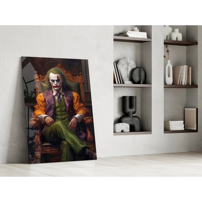 Vibrant Joker glass wall art canvas print in regal purple orange suit