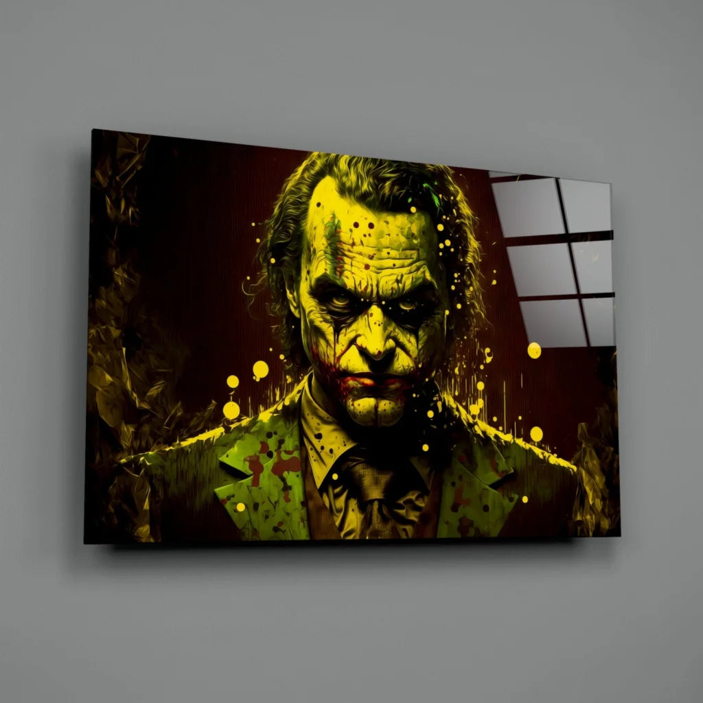 Vibrant Joker splatter wall art canvas with green yellow portrait