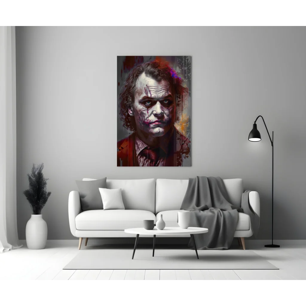 Joker Portrait Glass Wall Art with Vivid Red Splatter Design | Modern Wall Art Decor | vintageantiquesgifts.com