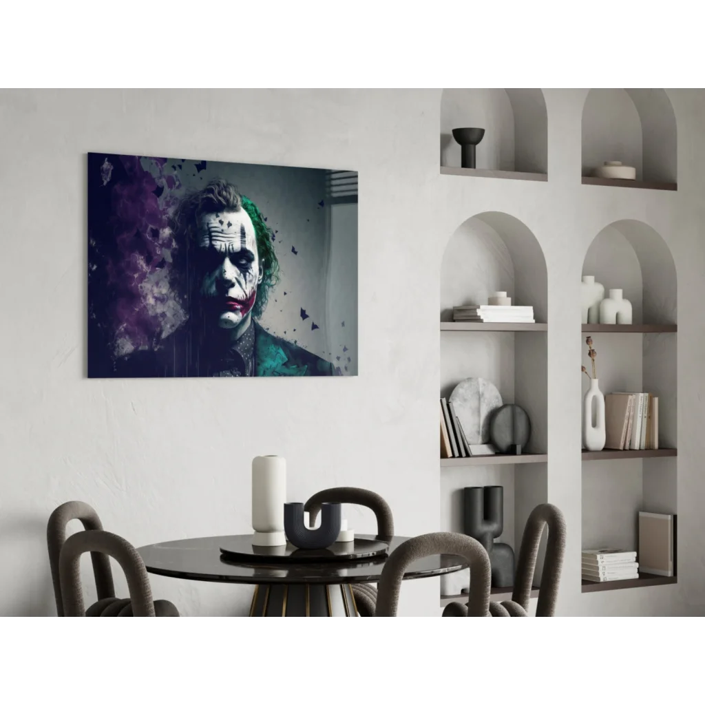 Joker canvas wall art with purple smoke and shattered glass