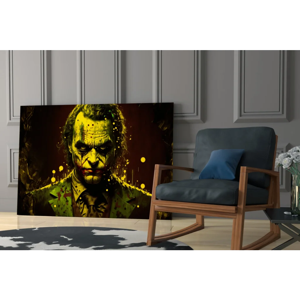 Vibrant Joker splatter wall art canvas print in yellow green on dark background