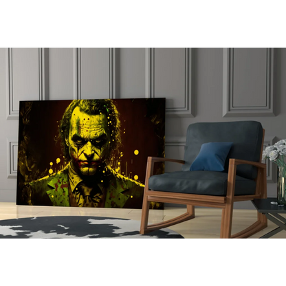 Vibrant Joker splatter wall art canvas print in yellow green on dark background