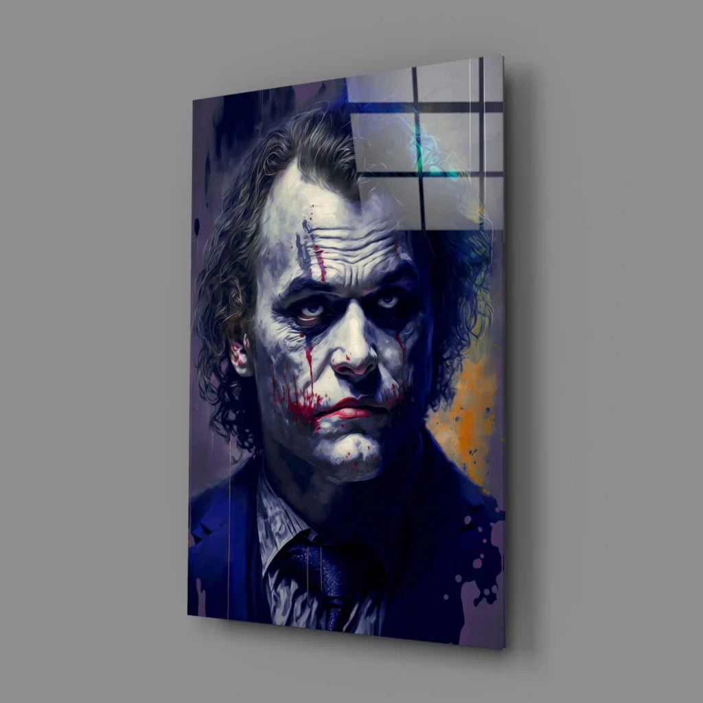 Dark Joker portrait with smeared paint on moody blue wall art canvas