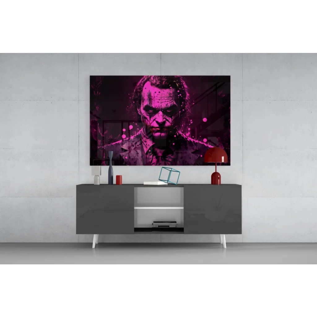 Vibrant Joker glass wall art with magenta black portrait on purple splatter canvas