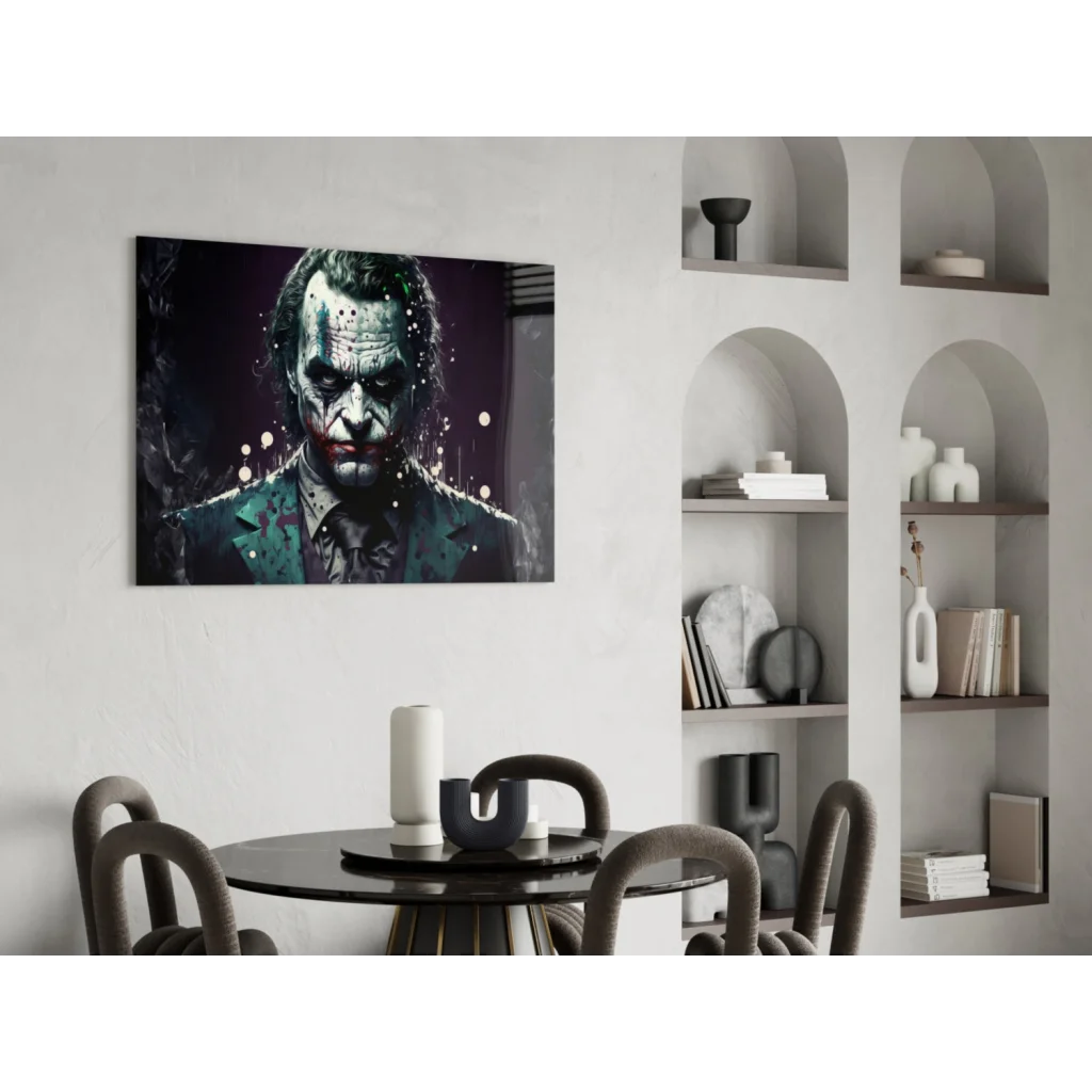 Dark moody Joker portrait wall art canvas in teal black tones