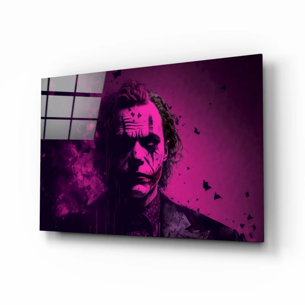 Vibrant Joker magenta splatter glass wall art on framed canvas