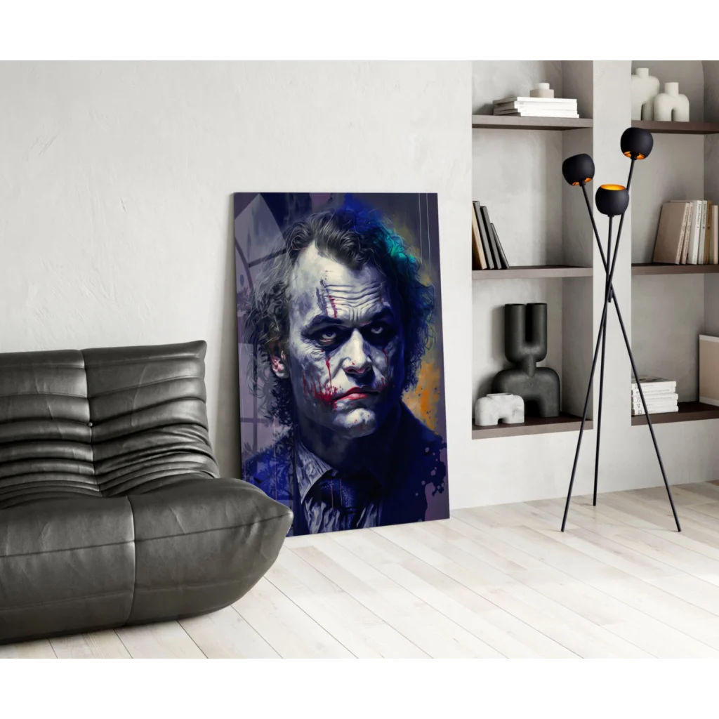Vibrant Joker canvas wall art in dark blue tones with bold paint splatters