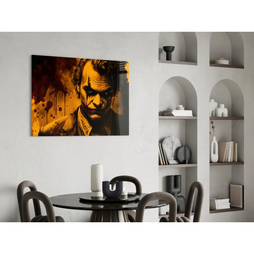 Joker blood splatter canvas wall art in orange black portrait