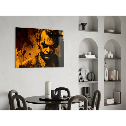 Joker blood splatter canvas wall art in orange black portrait