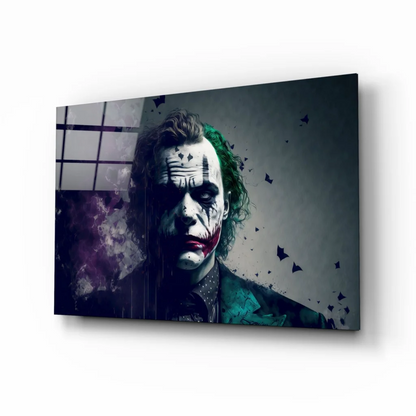 Stylized Joker canvas wall art with purple smoke and shattered glass wall