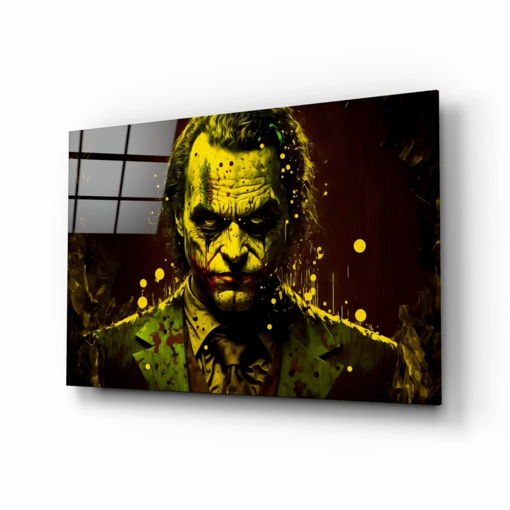 Vibrant Joker splatter canvas wall art with menacing green yellow portrait