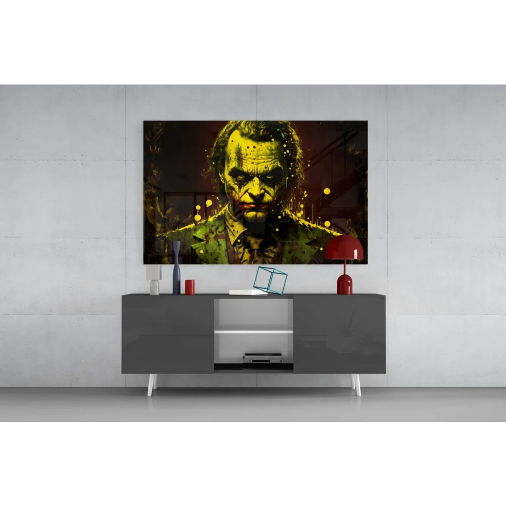 Vibrant joker portrait in yellow green on canvas wall art