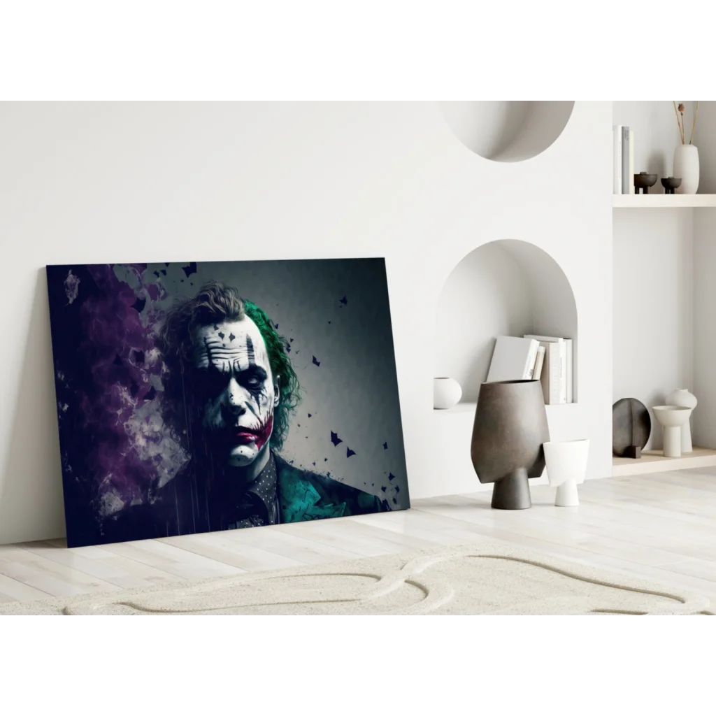 Stylized Joker wall art canvas with green hair, painted smile, purple smoke, and shattered glass background