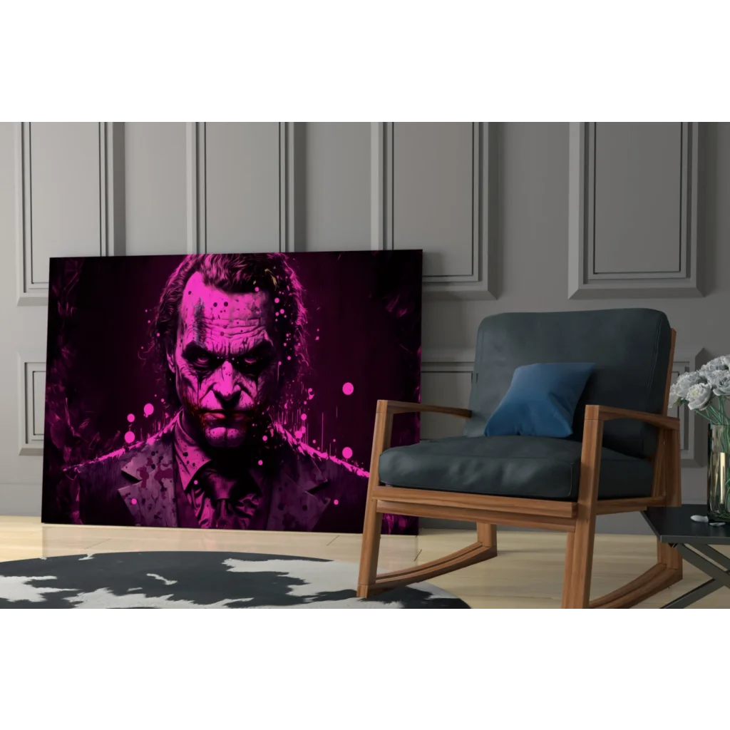 Vibrant magenta and black Joker glass wall art with purple splatter canvas print