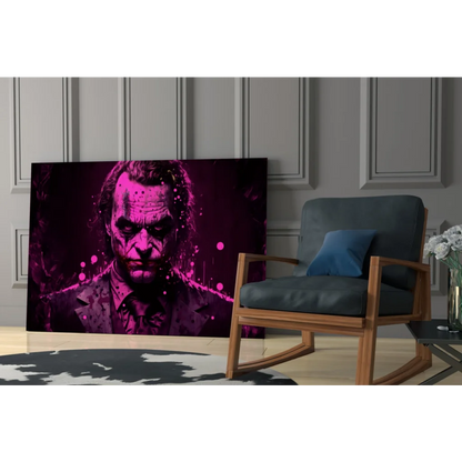 Vibrant magenta and black Joker glass wall art with purple splatter canvas print