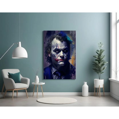 Striking Joker canvas wall art with bold blue orange paint splatters