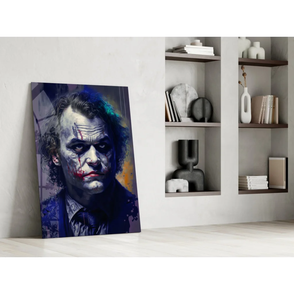 Vibrant Joker glass wall art portrait with bold blue purple hues and orange splashes