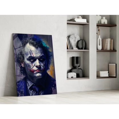 Vibrant Joker glass wall art portrait with bold blue purple hues and orange splashes