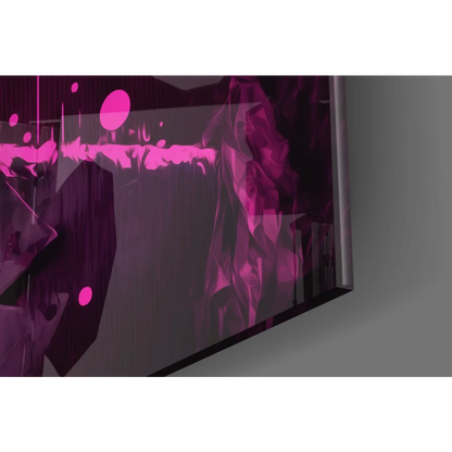 Joker glass wall art with vibrant purple splatter on modern display