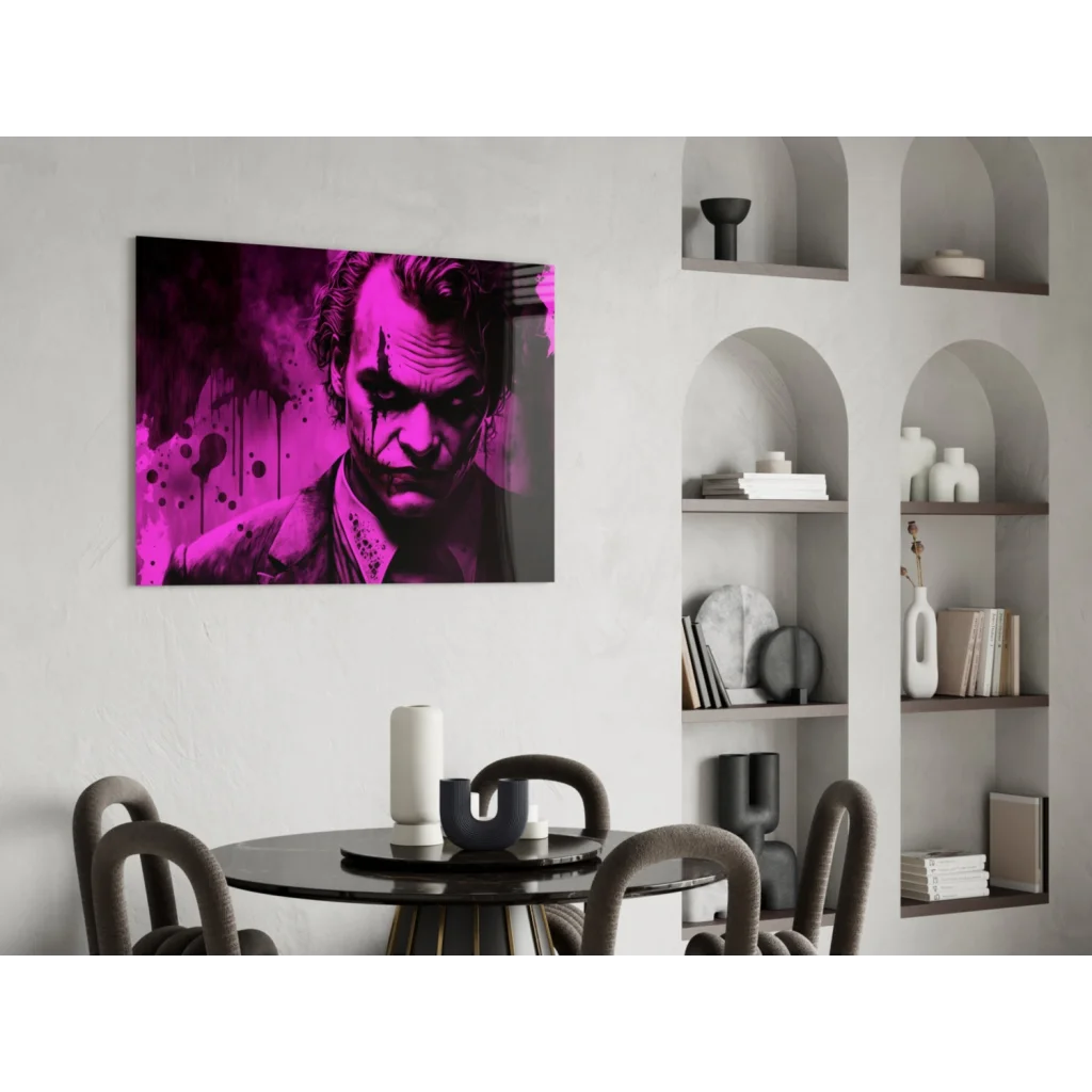 Vibrant Joker splatter wall art canvas in magenta and black