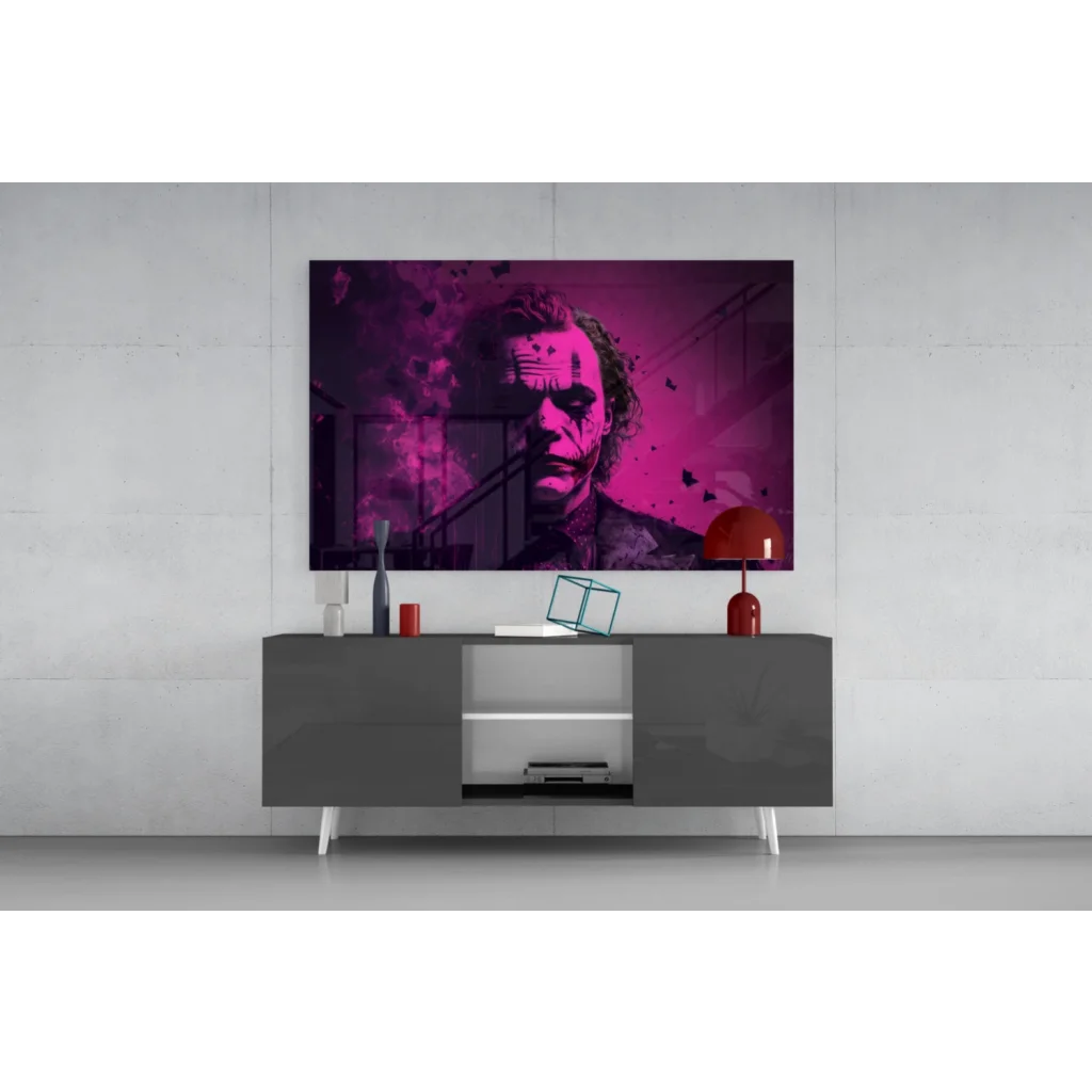 Vibrant Joker magenta splatter glass wall art on minimalist wall