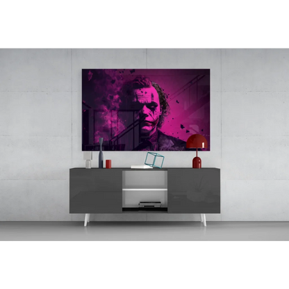 Vibrant Joker magenta splatter glass wall art on minimalist wall