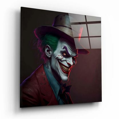 Bold Joker glass wall art canvas print with green hair and red lips