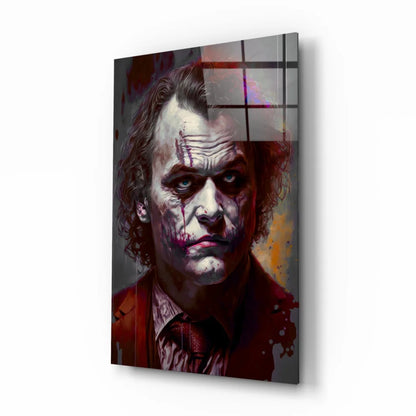 Joker Portrait Glass Wall Art with Vivid Red Splatter Design | Insigneart USA | vintageantiquesgifts.com