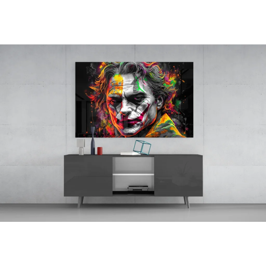 Vibrant Neon Joker abstract wall art on framed canvas with rainbow splashes